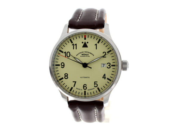 NAUTISCHE INSTRUMENTE Mühle Glashütte Herrenuhr mit Edelstahlgehäuse, Glasboden, Automatikwerk und Lederband im Full-Set.