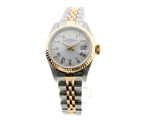 ROLEX Date Damen-Armbanduhr mit Stahl-/ Goldgehäuse, Automatikwerk, Faltschließe, Datumslupe und verschraubter Krone.