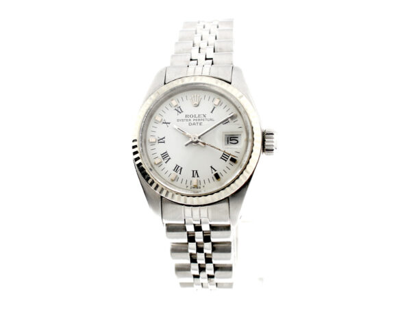 ROLEX Date Damenuhr mit Edelstahlgehäuse, Automatikwerk, Faltschließe und Datumslupe mit Original-Zertifikat und Rolex-Box.