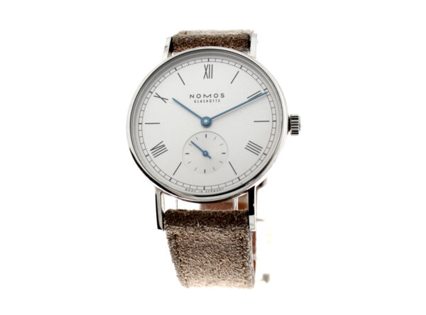 NOMOS Ludwig Armbanduhr mit Edelstahlgehäuse, kleine Sekunde, Handaufzugswerk und Original-Holzbox.