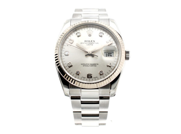 ROLEX Oyster Perpetual Date Armbanduhr mit Edelstahlgehäuse, Rolex-Automatikwerk, Datumslupe im Full-Set.