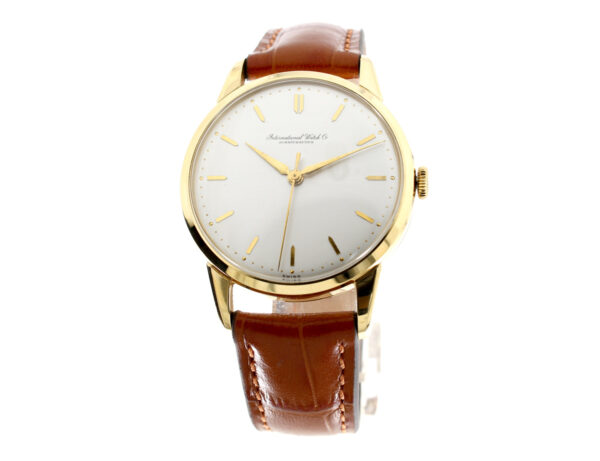 IWC Herrenuhr mit 18 Karat-Goldgehäuse, Handaufzugswerk, Acrylglas und Zentralsekunde.