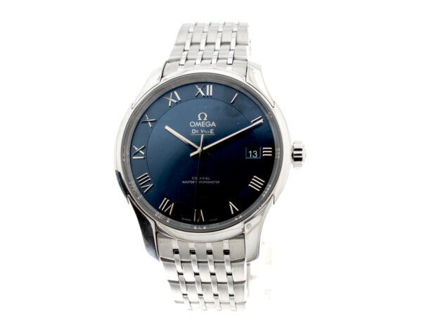 OMEGA DeVille Herrenuhr mit Edelstahlgehäuse, Omega-Coaxial-Automatikwerk, Doppelfaltschließe, Datum und Glasboden.