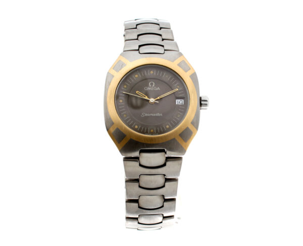 OMEGA Seamaster Polaris Armbanduhr mit Titan/Goldgehäuse, ETA-Quartzwerk, Datum und Sekunde.