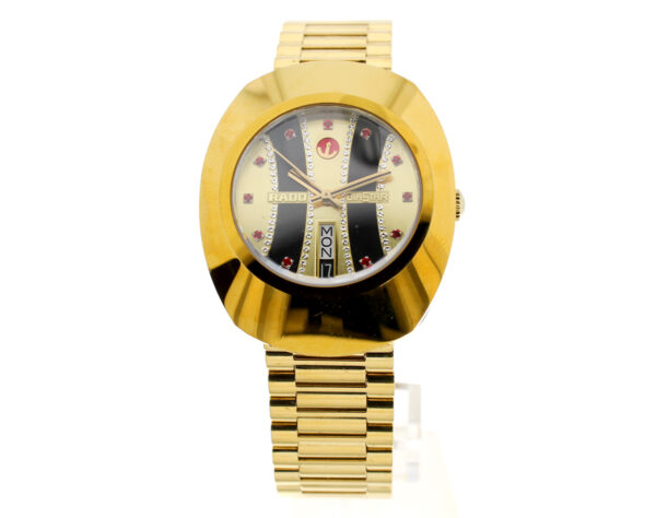 RADO Diastar Herrenuhr mit vergoldetem Stahlgehäuse (kratzfest), ETA-Automatikwerk, Stahlband vergoldet, Datum und DayDate.