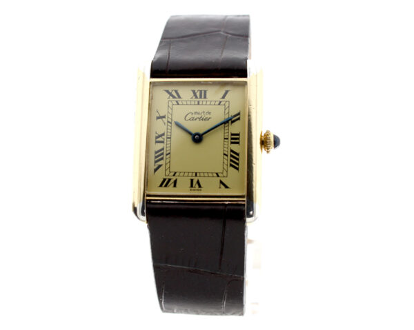 CARTIER Tank Armbanduhr mit 925-Silbergehäuse vergoldet, ETA-Handaufzugswerk, Cartier-Box+Papiere.