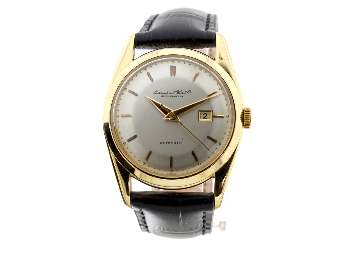 IWC Automatic Herrenuhr mit 18 Karat-Goldgehäuse, IWC-Automatikwerk, Lederband mit Dornschließe.