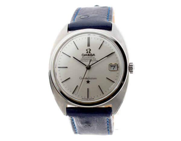 OMEGA Constellation Herren-Chronometer mit Edelstahlgehäuse, Omega-Automatikwerk, Lederband mit Dornschließe.