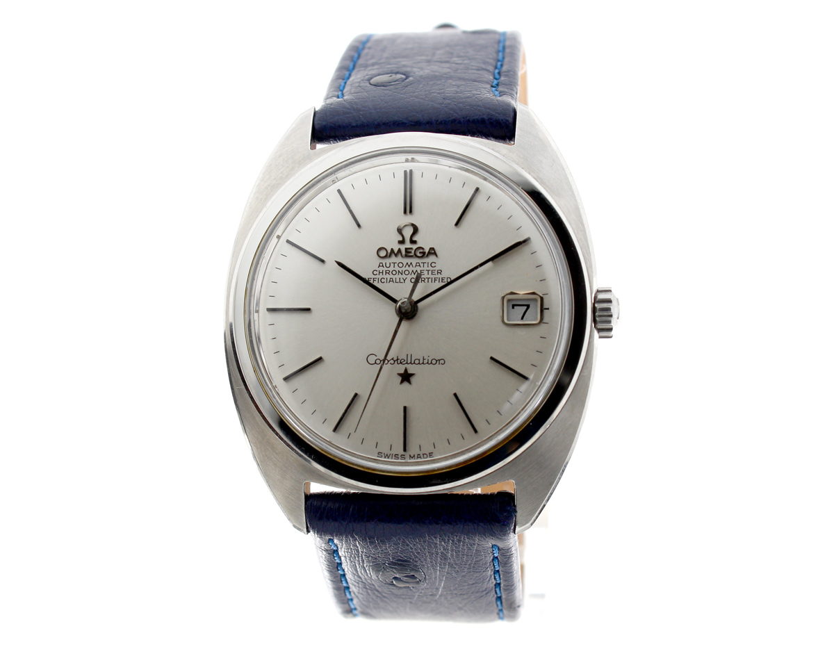 OMEGA Constellation Herren-Chronometer mit Edelstahlgehäuse, Omega-Automatikwerk, Lederband mit Dornschließe.