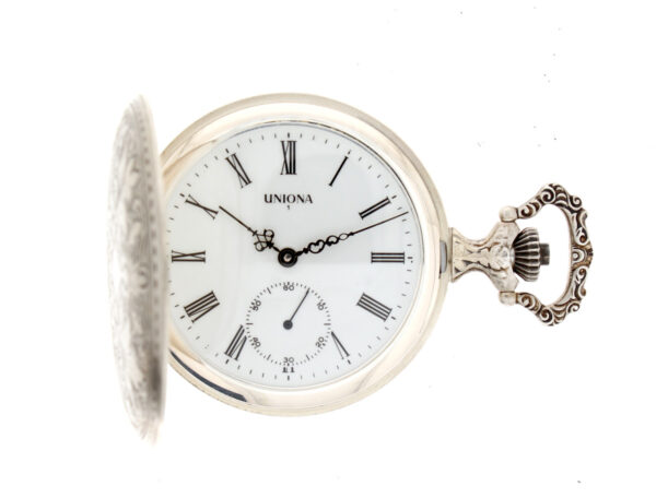 UNIONA Savonette Taschenuhr mit 835-Silbergehäuse, Handaufzugswerk, Acryglas und kleiner Sekunde.